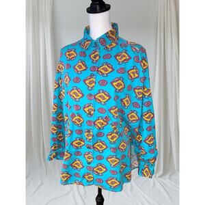 Vintage Venezia 1980s Turquoise Western Long Sleeve Cotton Shirt 22/24 Plus